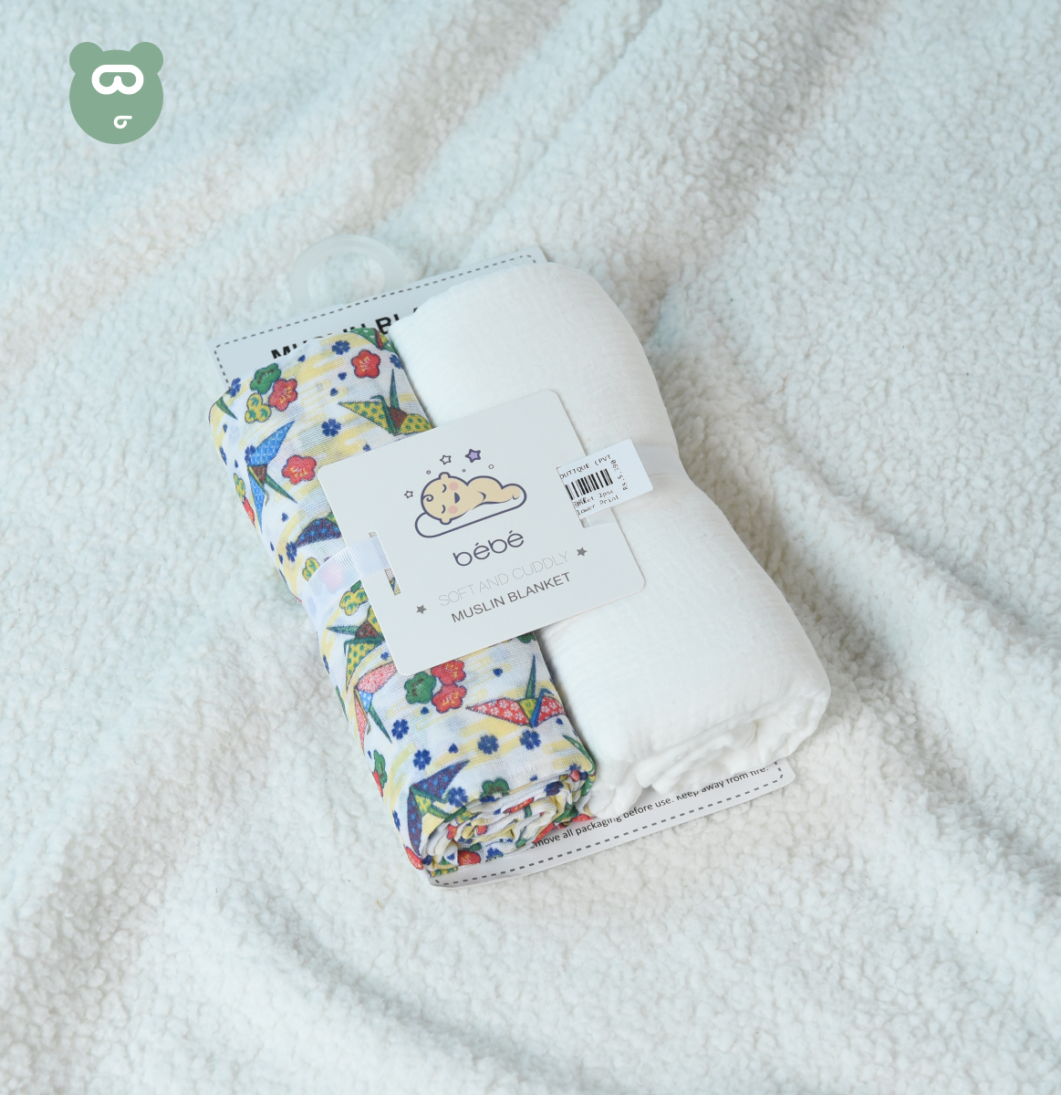 Muslin Blanket 2pcs White & Flower Print