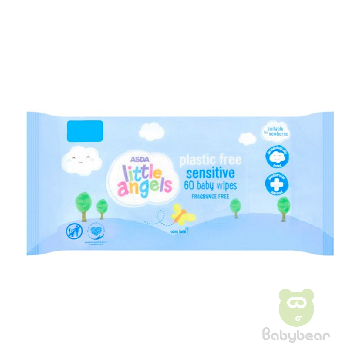 ASDA Little Angels Sensitive 60 Baby Wipes Fragrance Free Plastic Free
