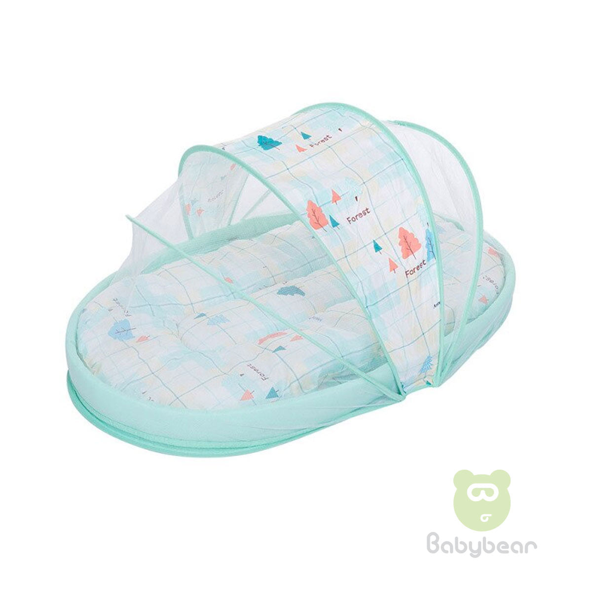 Portable baby travel bed with mosquito net - Forest Blue