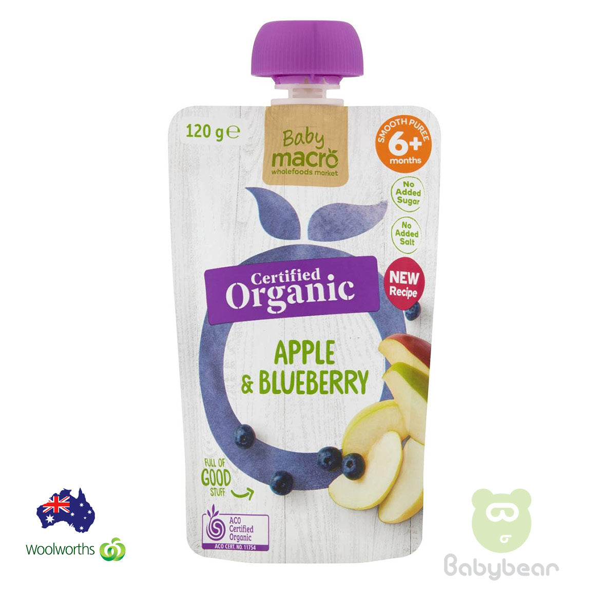 Baby Macro Organic Baby Food Apple & Blueberry 6m + 120g Pouch