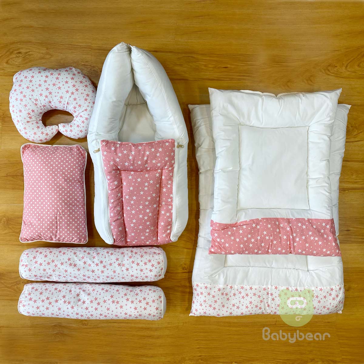7 in 1 Baby Bedding Set - Pink - Hand Quilts, Baby Carrier, Pillows -Star
