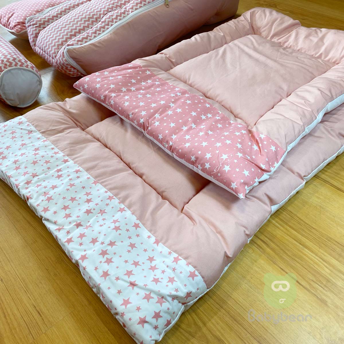 7 in 1 Baby Bedding Set - Pink - Hand Quilts, Baby Carrier, Pillows -Star