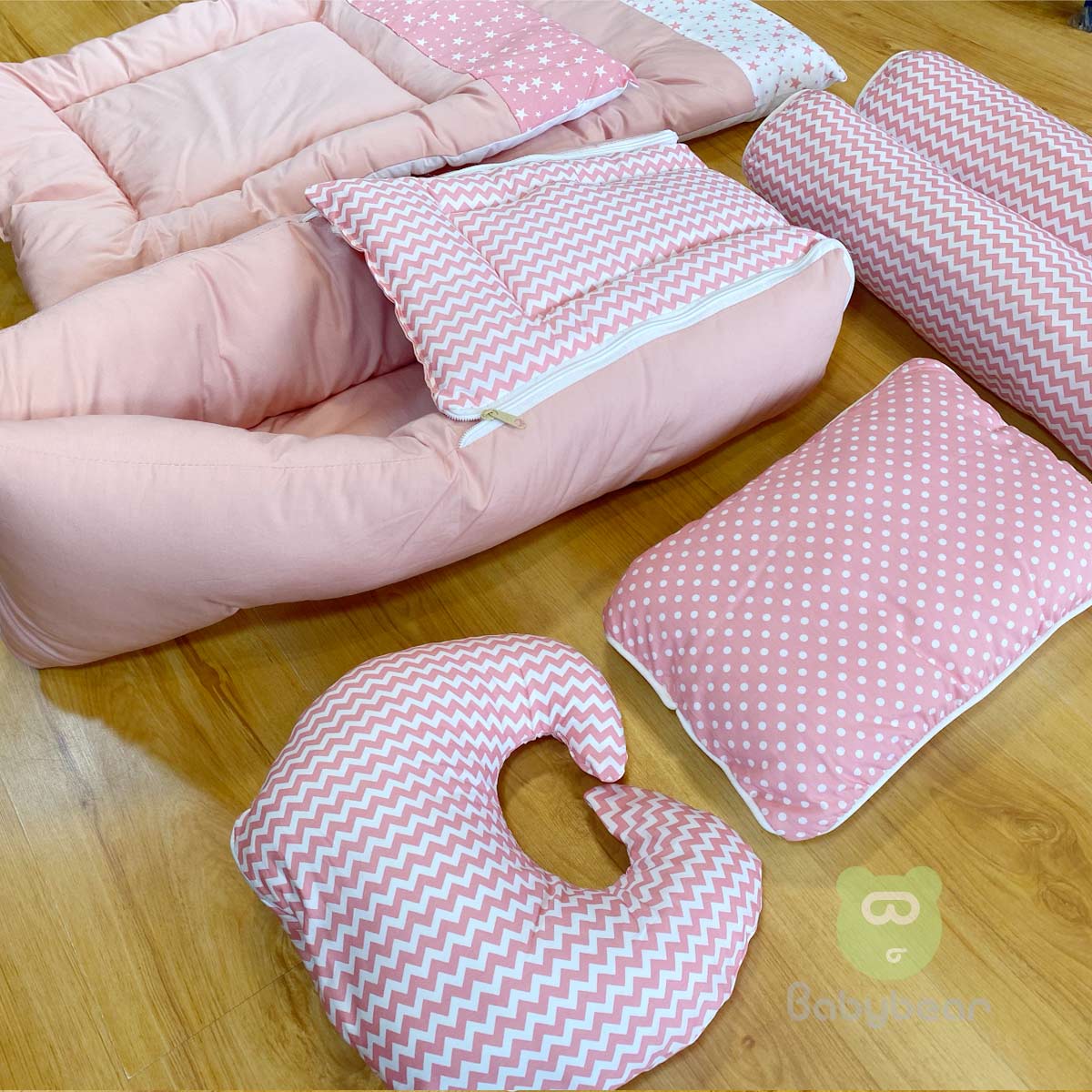 7 in 1 Baby Bedding Set - Pink - Hand Quilts, Baby Carrier, Pillows - waves and star