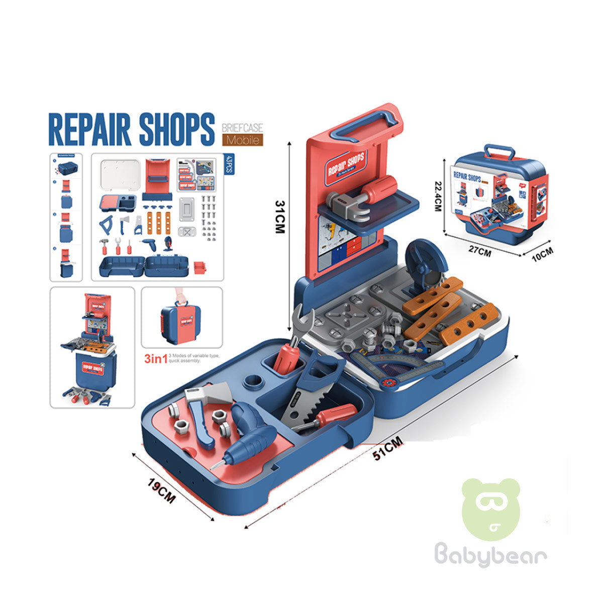 Toy Play Tool Repair Shop Briefcase Mobile 43 Pcs set
