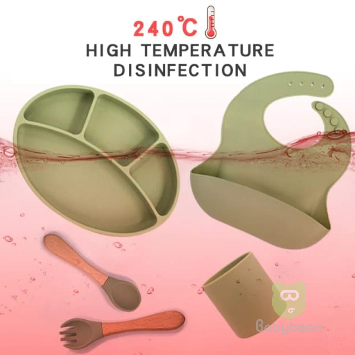 Silicone Feeding Set Rose Pink Plate Spoon Cup