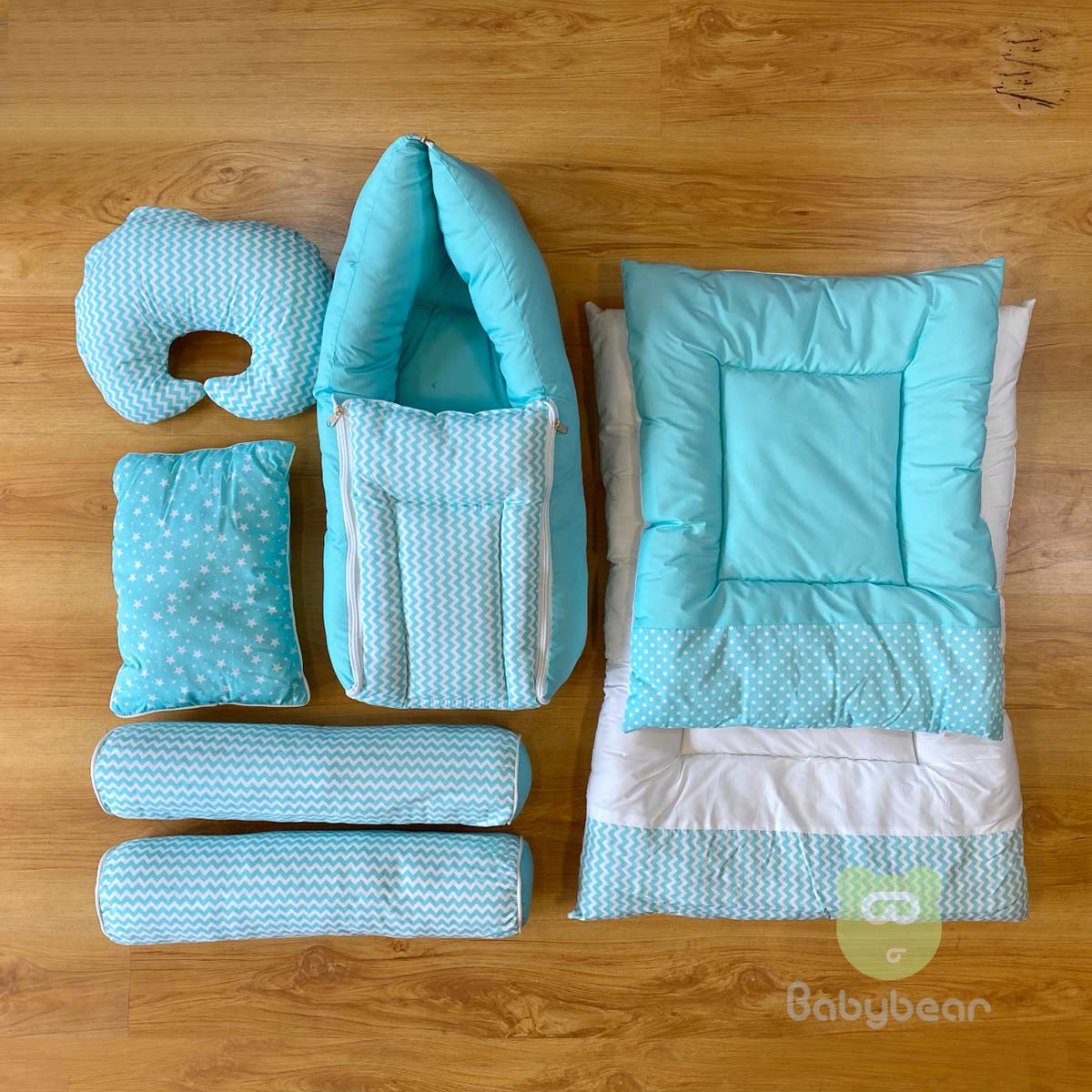 Plush Teal Bedding Set 7 in 1 - HAND QUILTS, BABY CARRIER, PILLOWS Star