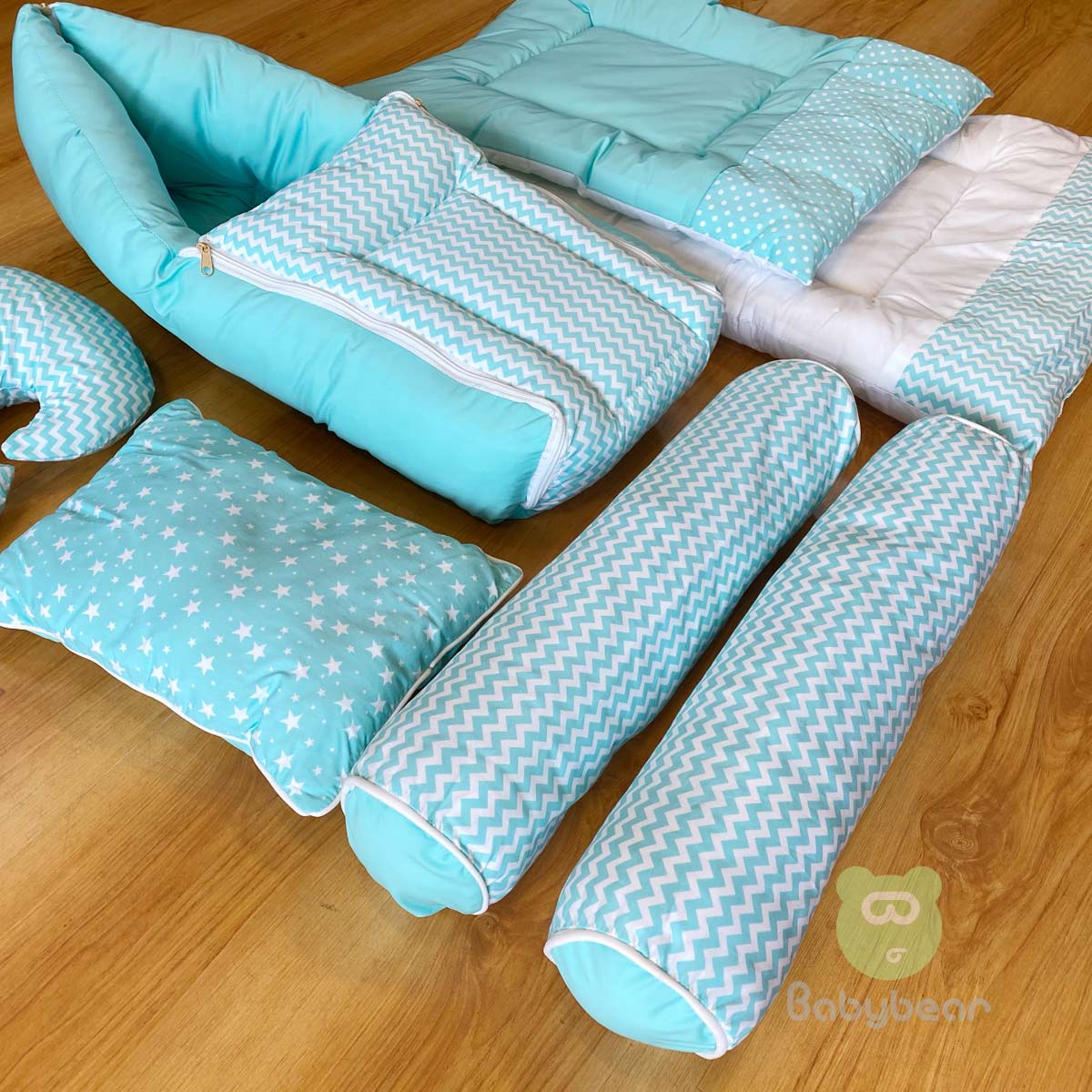 Plush Teal Bedding Set 7 in 1 - HAND QUILTS, BABY CARRIER, PILLOWS Star