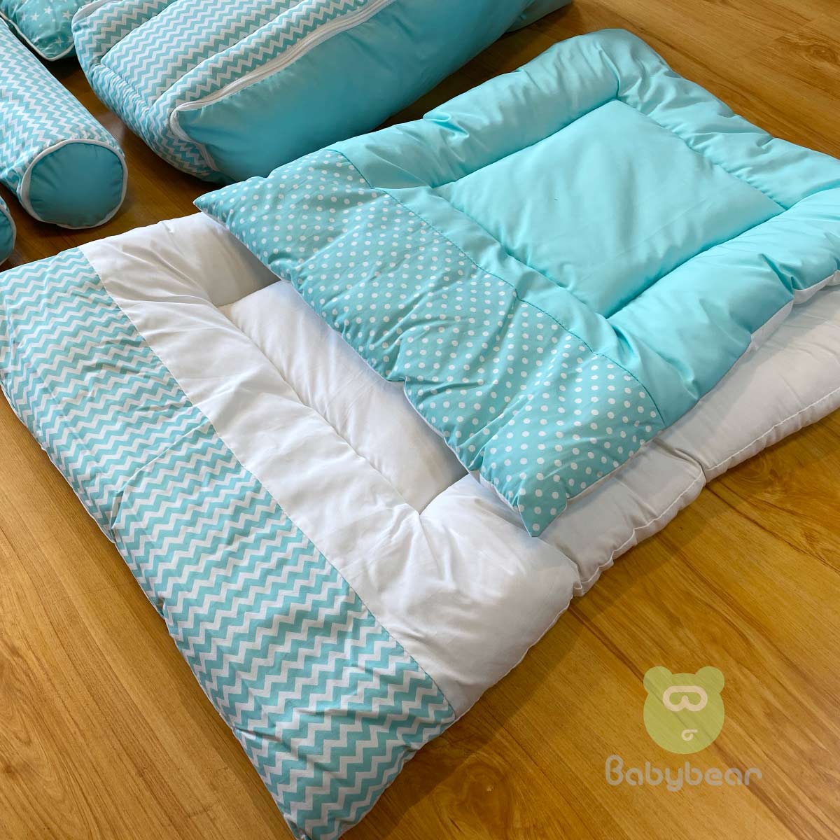 Plush Teal Bedding Set 7 in 1 - HAND QUILTS, BABY CARRIER, PILLOWS Star