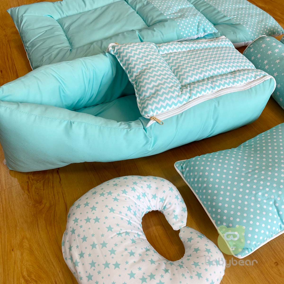 Plush Teal Bedding Set 7 in 1 - HAND QUILTS, BABY CARRIER, PILLOWS Mix
