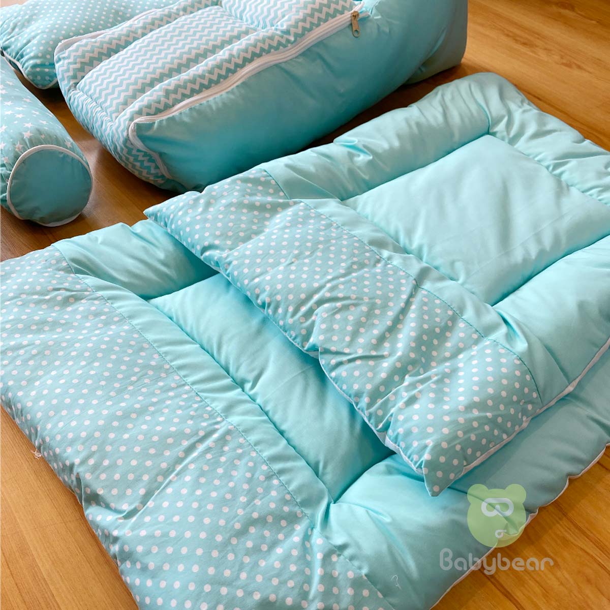 Plush Teal Bedding Set 7 in 1 - HAND QUILTS, BABY CARRIER, PILLOWS Mix