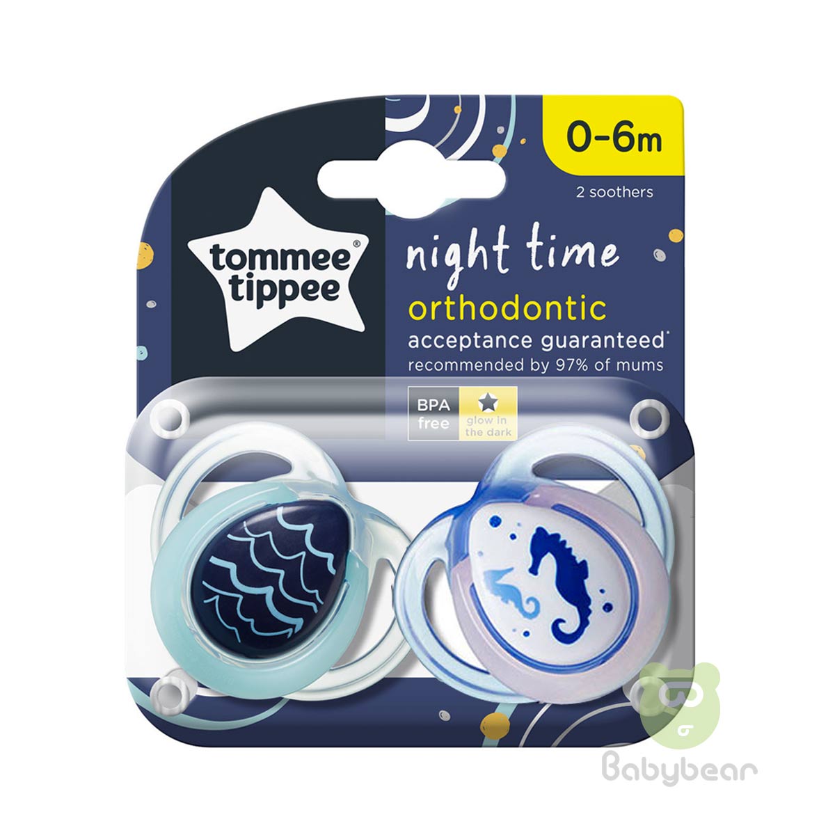 Tommee Tippee Orthodontic Soother Pacifier 0-6m Night Sea Horse