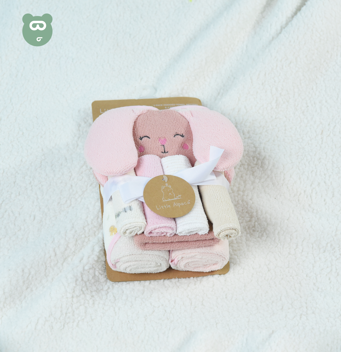 Hooded Towels, Mittens & Washcloth Set Pale Pink Rabbit