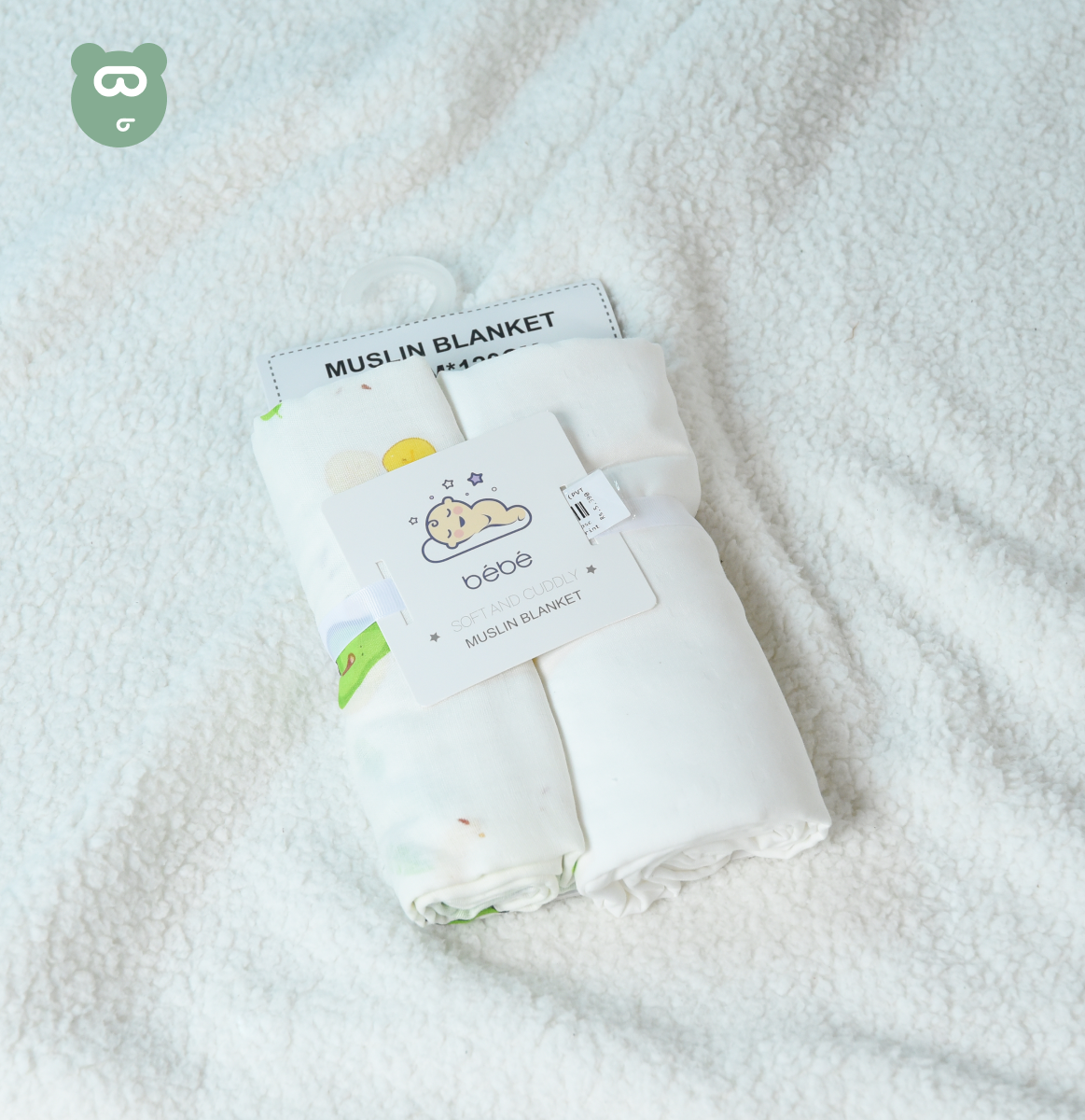 Muslin Blanket 2pcs White & Avocado Print