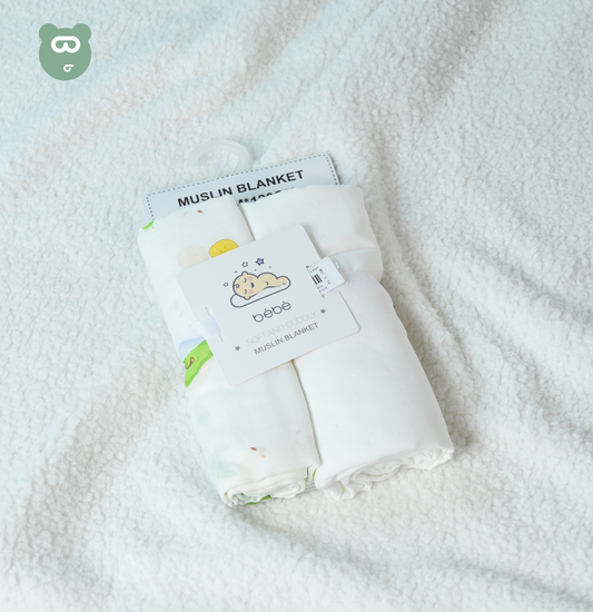 Muslin Blanket 2pcs White & Avocado Print