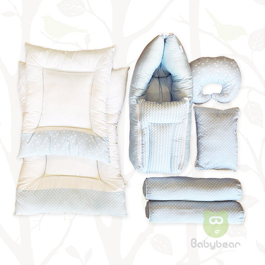 7 in 1 Baby Bedding Set - Blue - Hand Quilts, Baby Carrier, Pillows