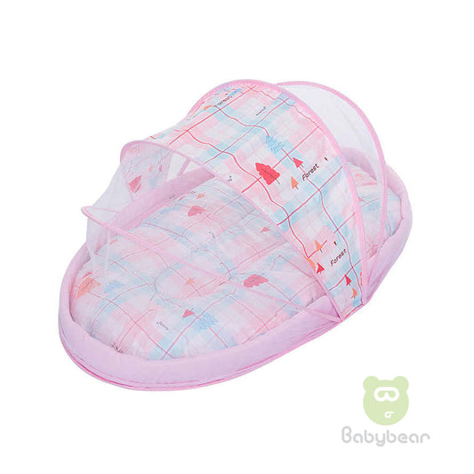 Portable baby travel bed with mosquito net - Forest Pink