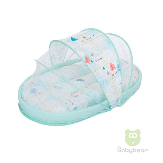 Portable baby travel bed with mosquito net - Forest Blue