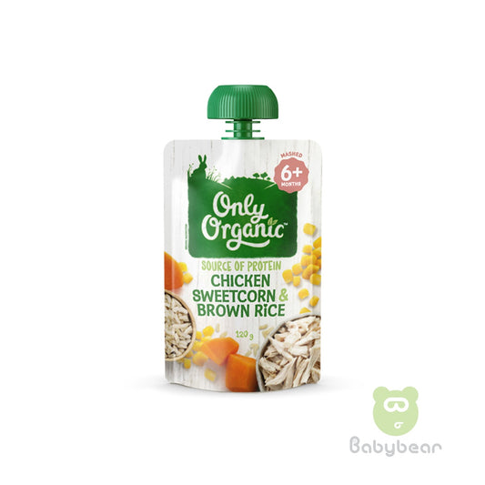 Only Organic Chicken Sweetcorn & Brown Rice  food pouch 120g  6m