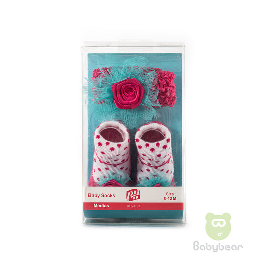 Baby Sock And Hair Band Set Pink White Dots