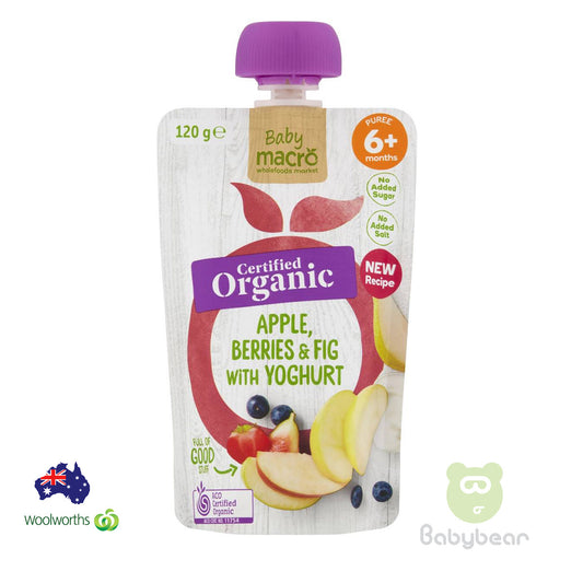 Baby Macro Organic Baby Food  Apple Berries & Fig with yoghurt 6m+ 120g Pouch