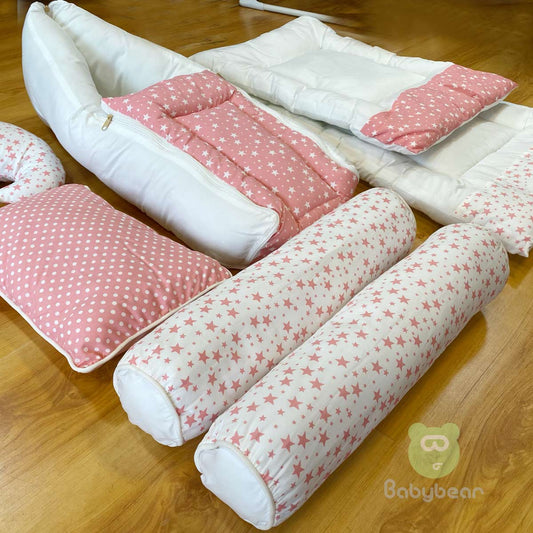 7 in 1 Baby Bedding Set - Pink - Hand Quilts, Baby Carrier, Pillows -Star