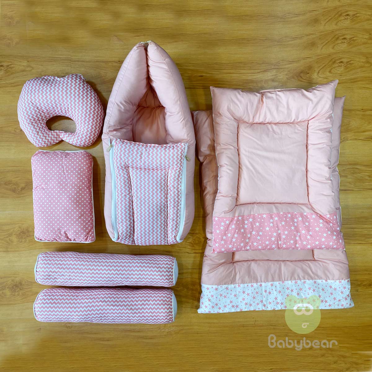 7 in 1 Baby Bedding Set - Pink - Hand Quilts, Baby Carrier, Pillows - waves and star
