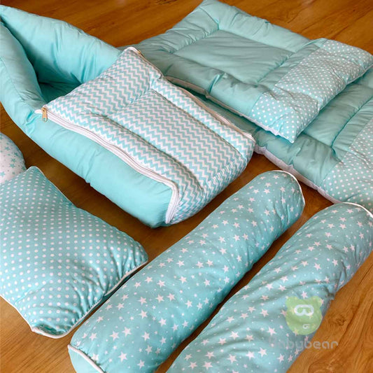 Plush Teal Bedding Set 7 in 1 - HAND QUILTS, BABY CARRIER, PILLOWS Mix