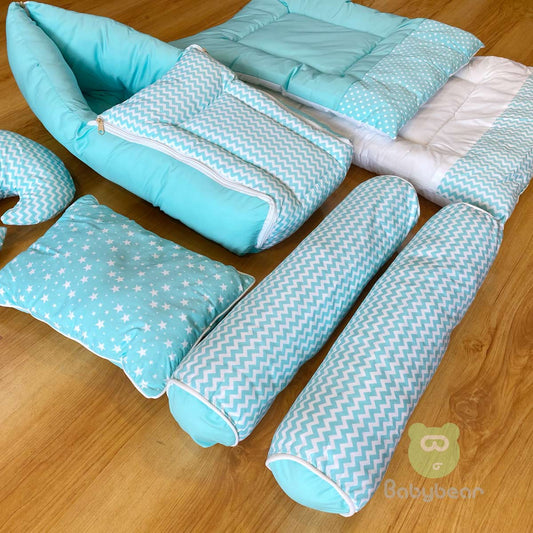 Plush Teal Bedding Set 7 in 1 - HAND QUILTS, BABY CARRIER, PILLOWS Star