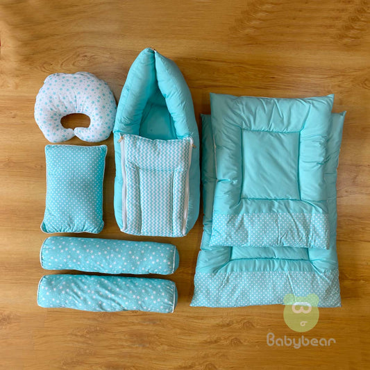 Plush Teal Bedding Set 7 in 1 - HAND QUILTS, BABY CARRIER, PILLOWS Mix