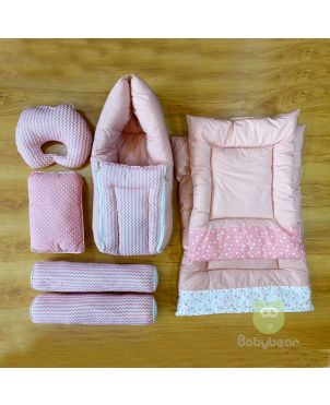 7 in 1 Baby Bedding Set - Pink - Hand Quilts, Baby Carrier, Pillows - waves and star