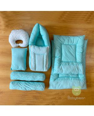 Plush Teal Bedding Set 7 in 1 - HAND QUILTS, BABY CARRIER, PILLOWS Mix
